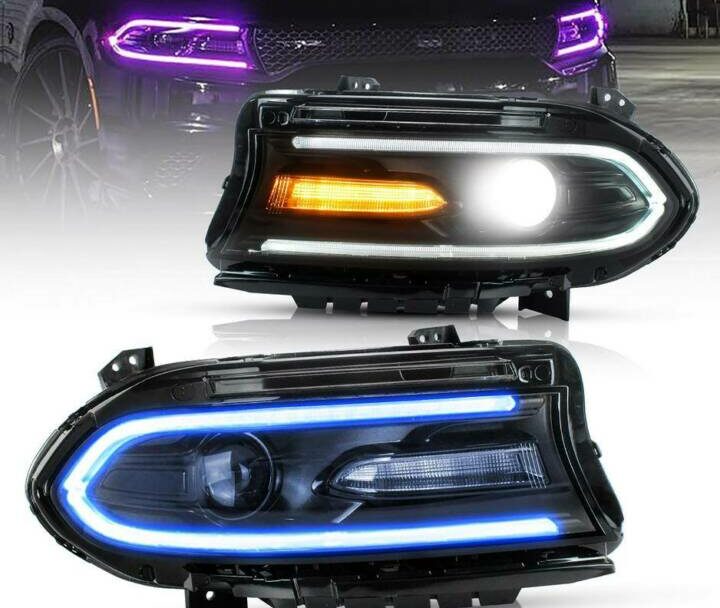 Vland 2015-2023 Dodge Charger RGB Style Dual Beam Projector Headlights (Black)