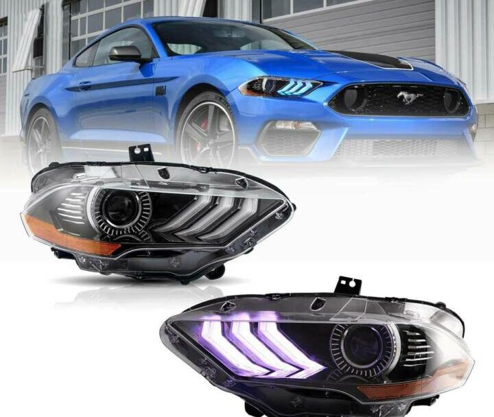Vland 2018-2023 Ford Mustang LED Dual Beam Projector RGB Headlights (Black)