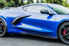 EOS 2020-2024 Chevrolet Corvette C8 Hydro-Dipped Carbon Fiber 'Z06 Style' Front Splitter Lip and Side Skirts - Image 5