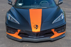 EOS 2020-2024 Chevrolet Corvette C8 Hydro-Dipped Carbon Fiber 'Z06 Style' Front Splitter Lip and Side Skirts - Image 4