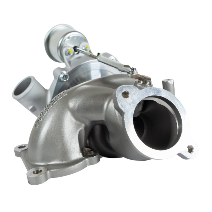 OEM-replacement turbine housing with downpipe flange and external wastegate actuator linkage