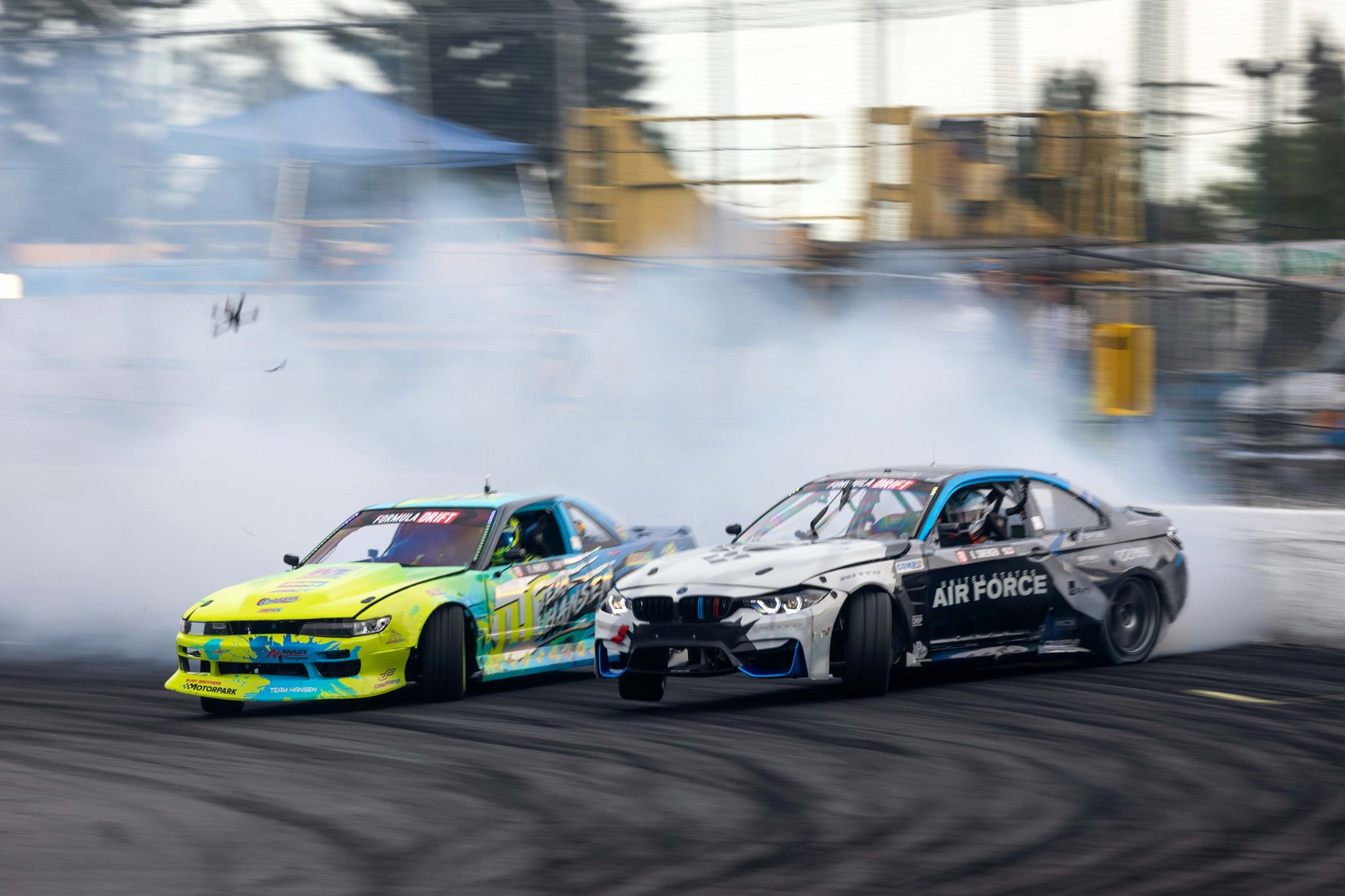 Air Force BMW M4 and Team Hansen S13 tandem drift with massive smoke