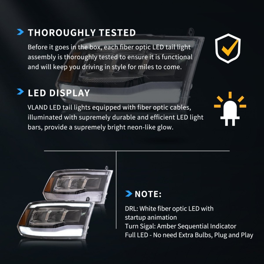 Vland 2009-2018 Dodge Ram 4th Gen 1500 2500 3500 LED Reflection Bowl Headlights - Image 8