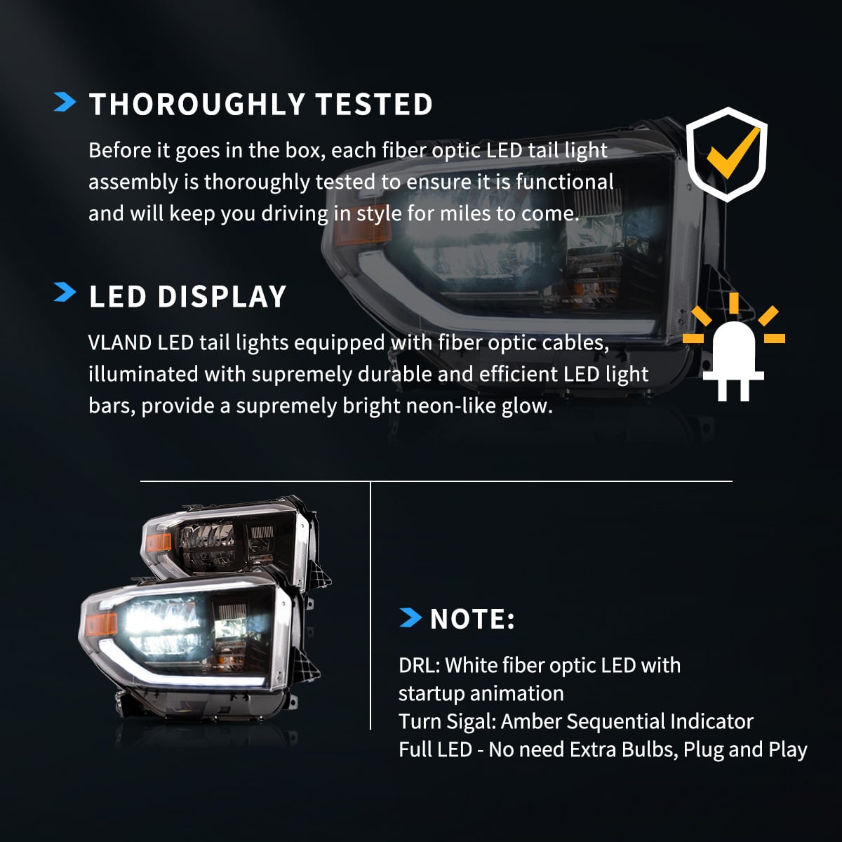 Vland 2014-2021 Toyota Tundra LED Reflection Bowl Headlights Chrome w/Sequential Turn Signal - Image 8