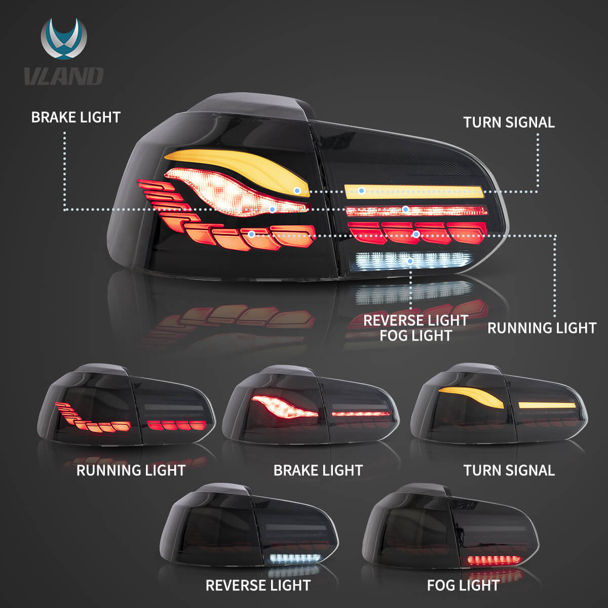 Vland 2008-2014 Volkswagen Golf 6th Gen Mk6 Hatchback II OLED Tail Lights With Dynamic Welcome Lighting (GTS Style) - Image 3
