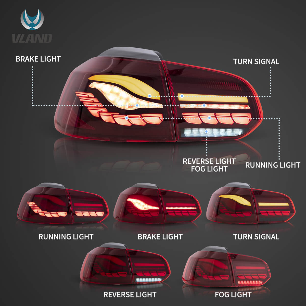 Vland 2008-2014 Volkswagen Golf 6th Gen Mk6 Hatchback II OLED Tail Lights With Dynamic Welcome Lighting (GTS Style) - Image 5