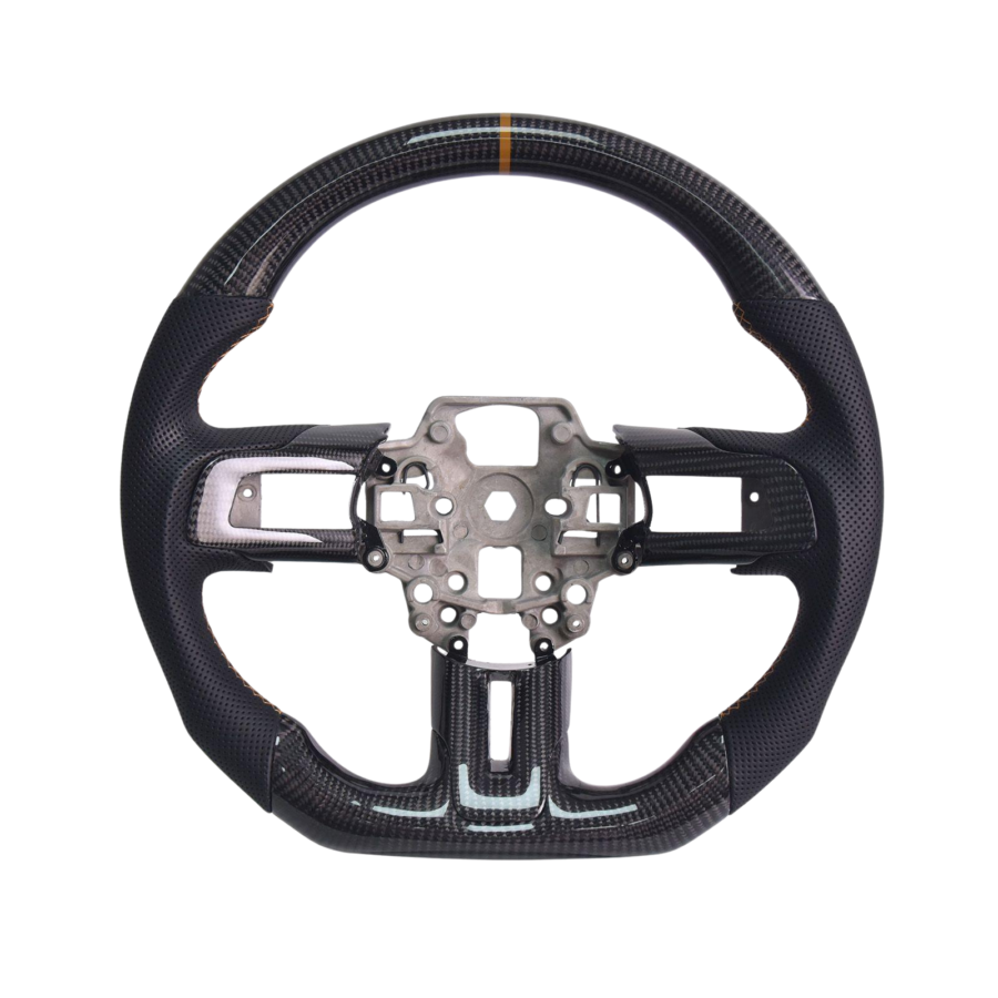 Mustang Black Leather Brown Stitching Carbon Fiber Steering Wheel for Mustang EcoBoost - Image 2