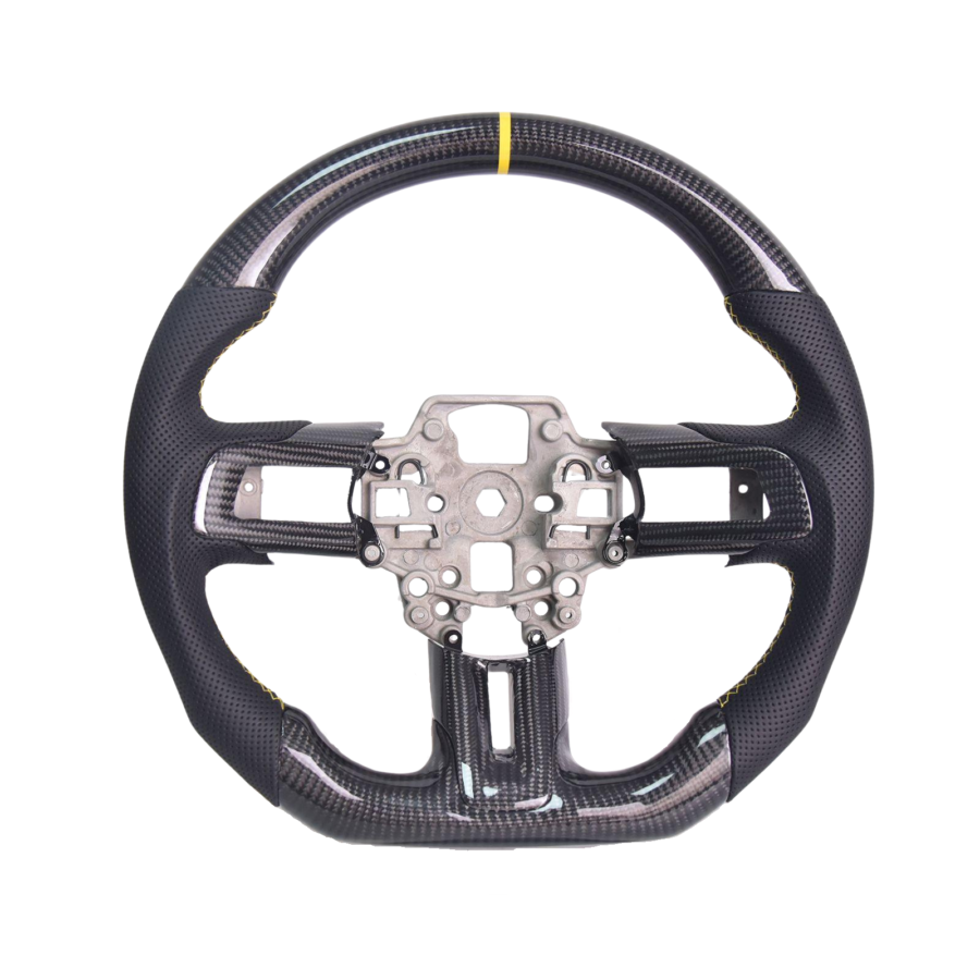 Mustang Black Leather Yellow Stitching Carbon Fiber Steering Wheel for Mustang EcoBoost