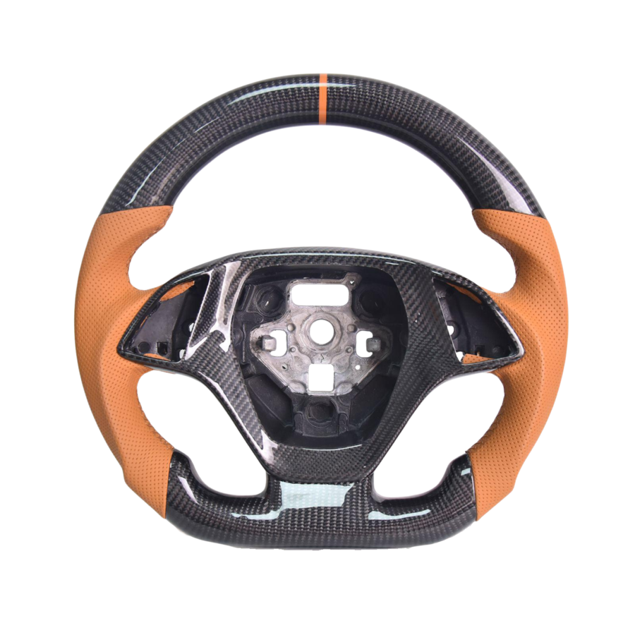 Extreme Online Store Corvette C7 Brown Leather Orange Stitching Carbon Fiber Steering Wheel for C7 Corvette