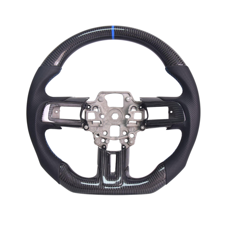 EOS 2015-23 Mustang Black Leather Blue Stitching Carbon Fiber Steering Wheel