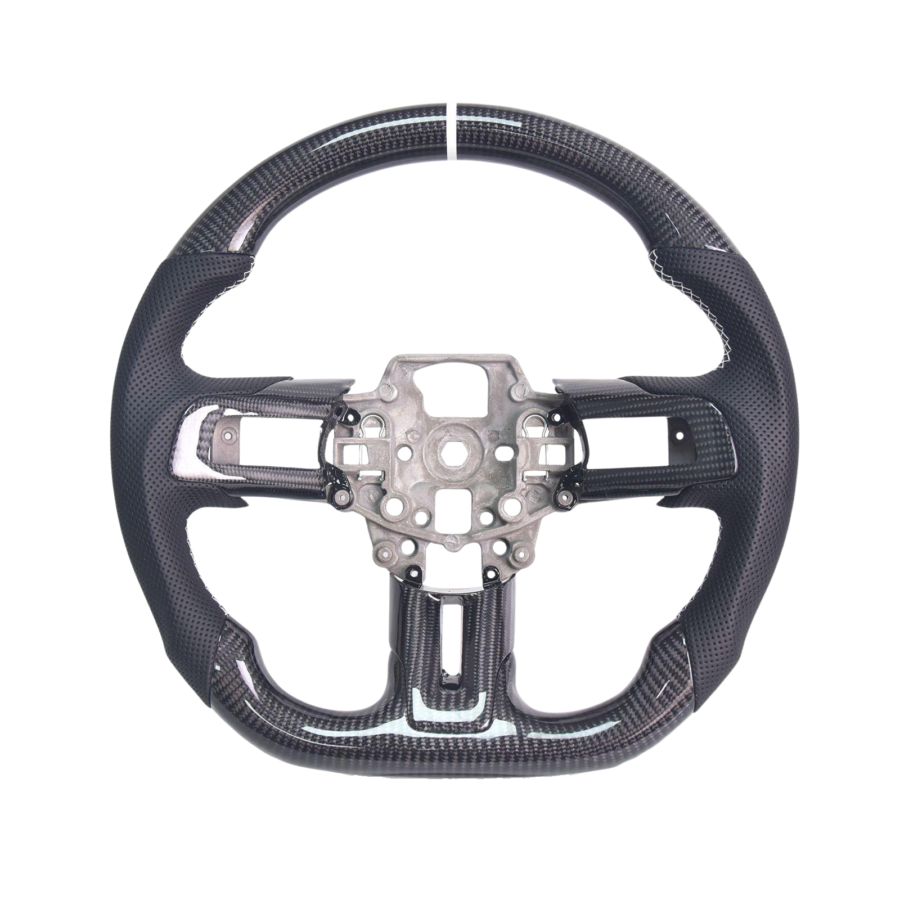 Mustang Black Leather White Stitching Carbon Fiber Steering Wheel