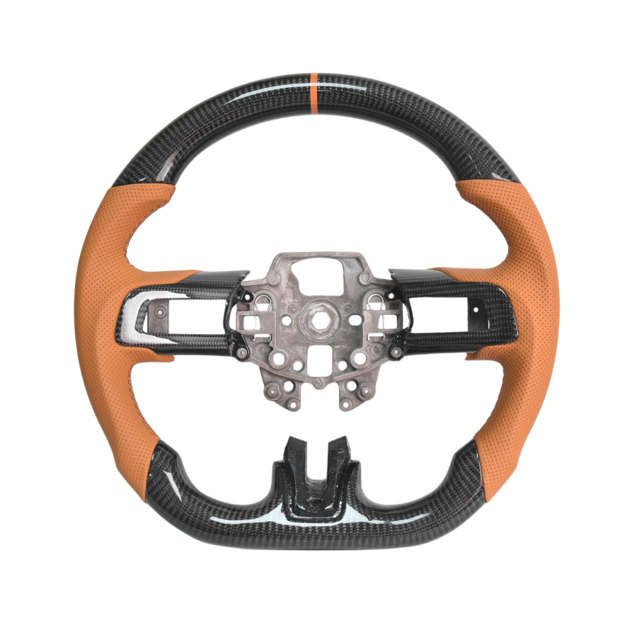 FFP 2015-2023 Ford Mustang S550 Carbon Fiber Brown Leather Brown Stitching Steering Wheel
