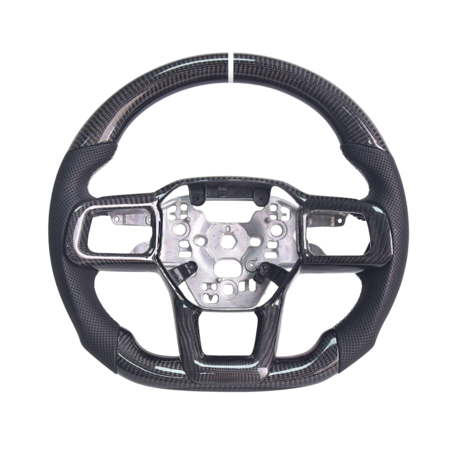 Mustang Black Leather White Stitching Carbon Fiber Steering Wheel