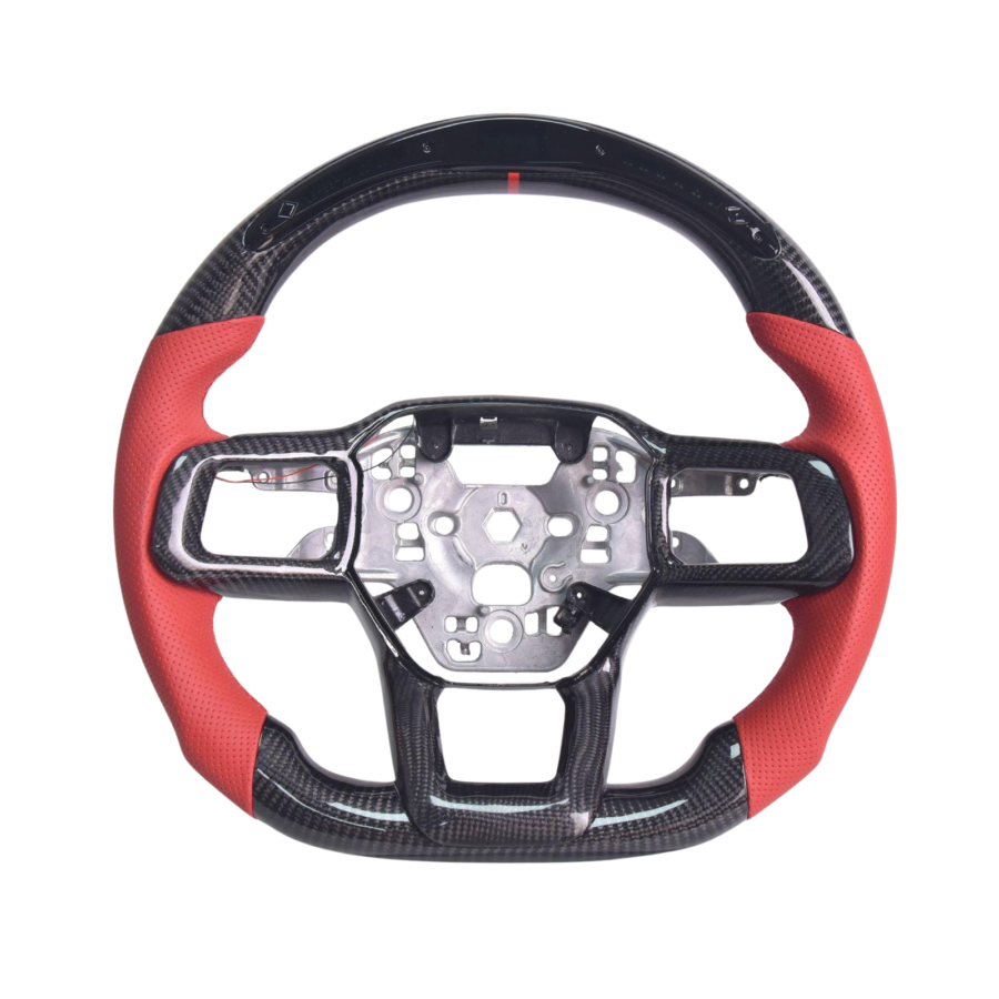 Mustang Red Leather Red Stitching LED Carbon Fiber Steering Wheel