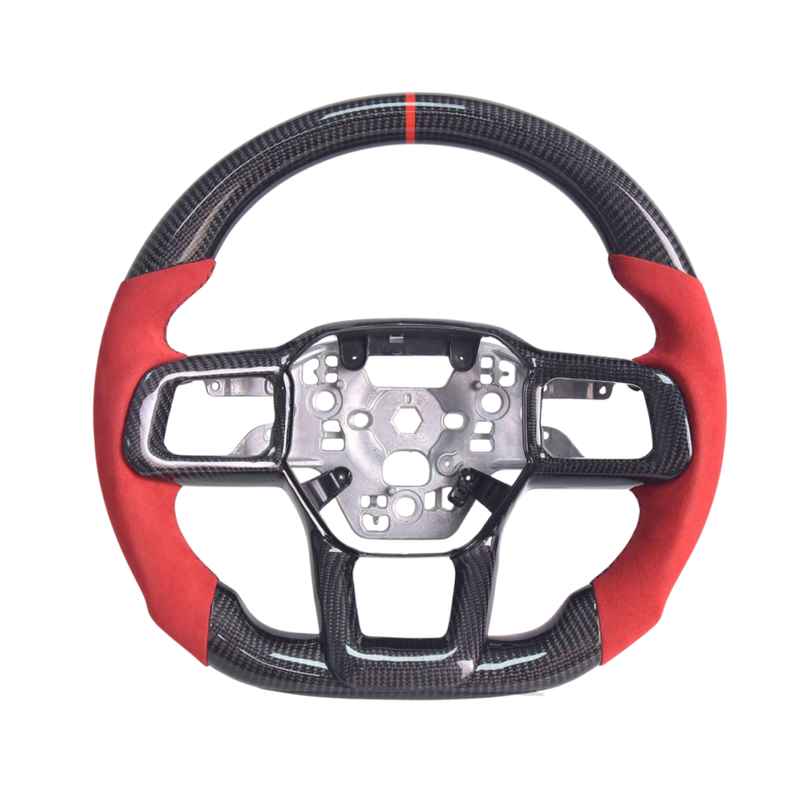 Mustang Red Suede Leather Black Stitching Carbon Fiber Steering Wheel