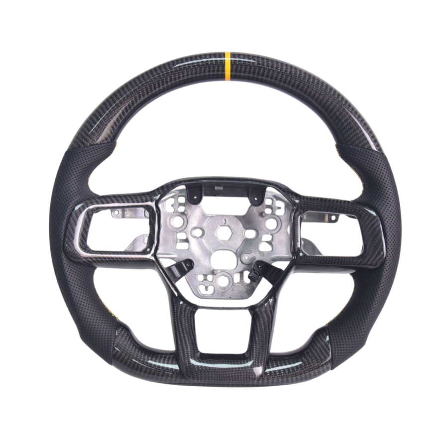 Mustang Black Leather Yellow Stitching Carbon Fiber Steering Wheel