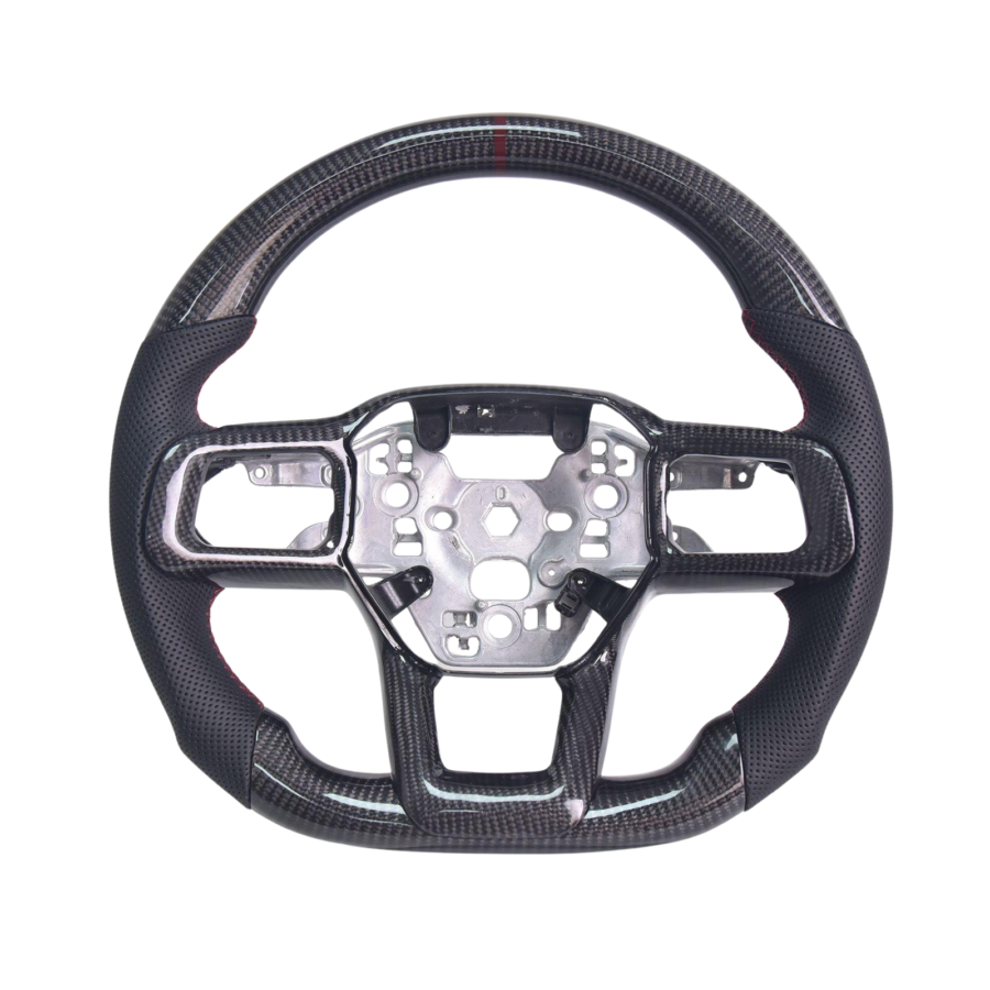 Mustang Black Leather Deep Red Stitching Carbon Fiber Steering Wheel
