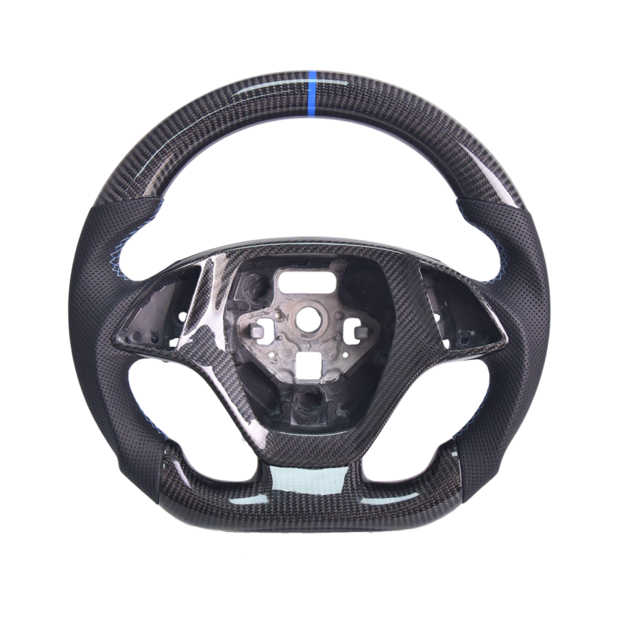 Extreme Online Store Corvette C7 Black Leather Blue Stitching Carbon Fiber Steering Wheel