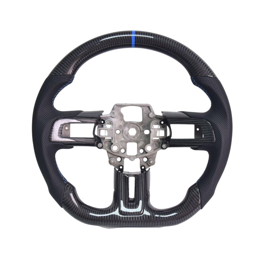 EOS 2015-23 Mustang Black Leather Blue Stitching Carbon Fiber Steering Wheel