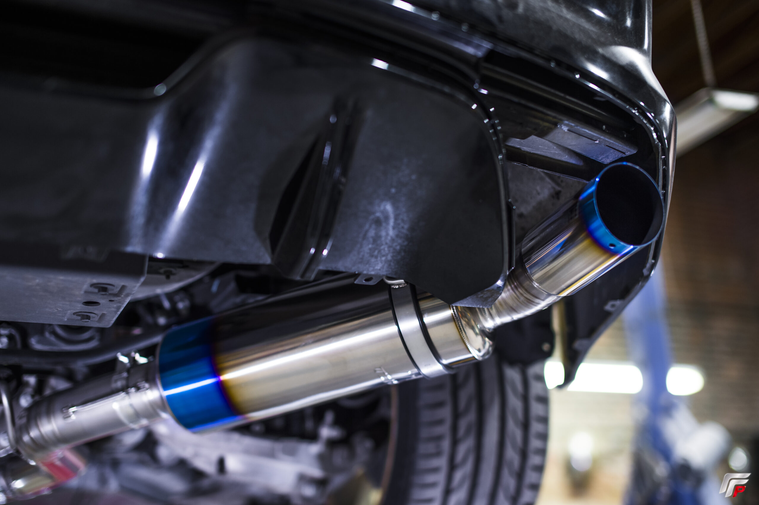 Tomei Expreme Ti full system rear view on Mustang EcoBoost