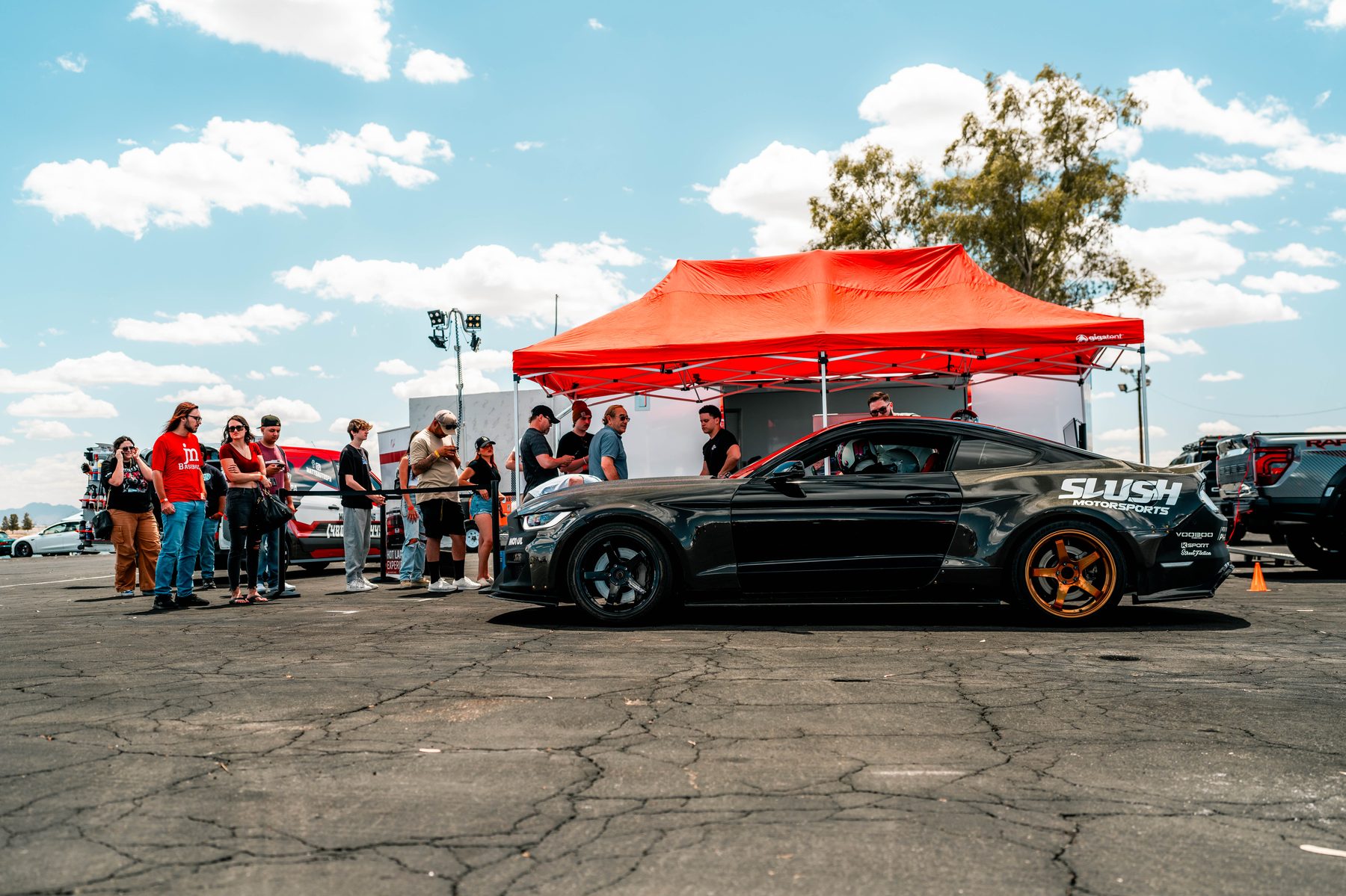 Charles's FFP Mustang at a meet event with crowd around it and gold wheels visible