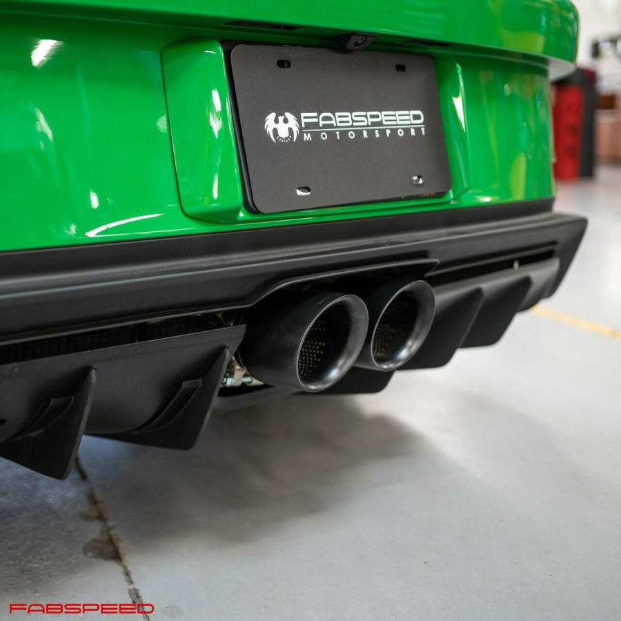 Fabspeed Brushed Stainless Turn Down tips on green 992 GT3