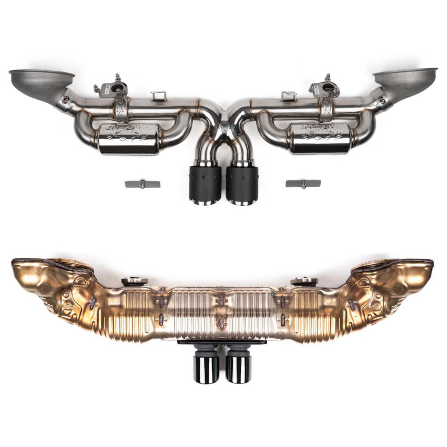 Fabspeed Cat-back (top) vs OEM 992 GT3 stock exhaust (bottom)