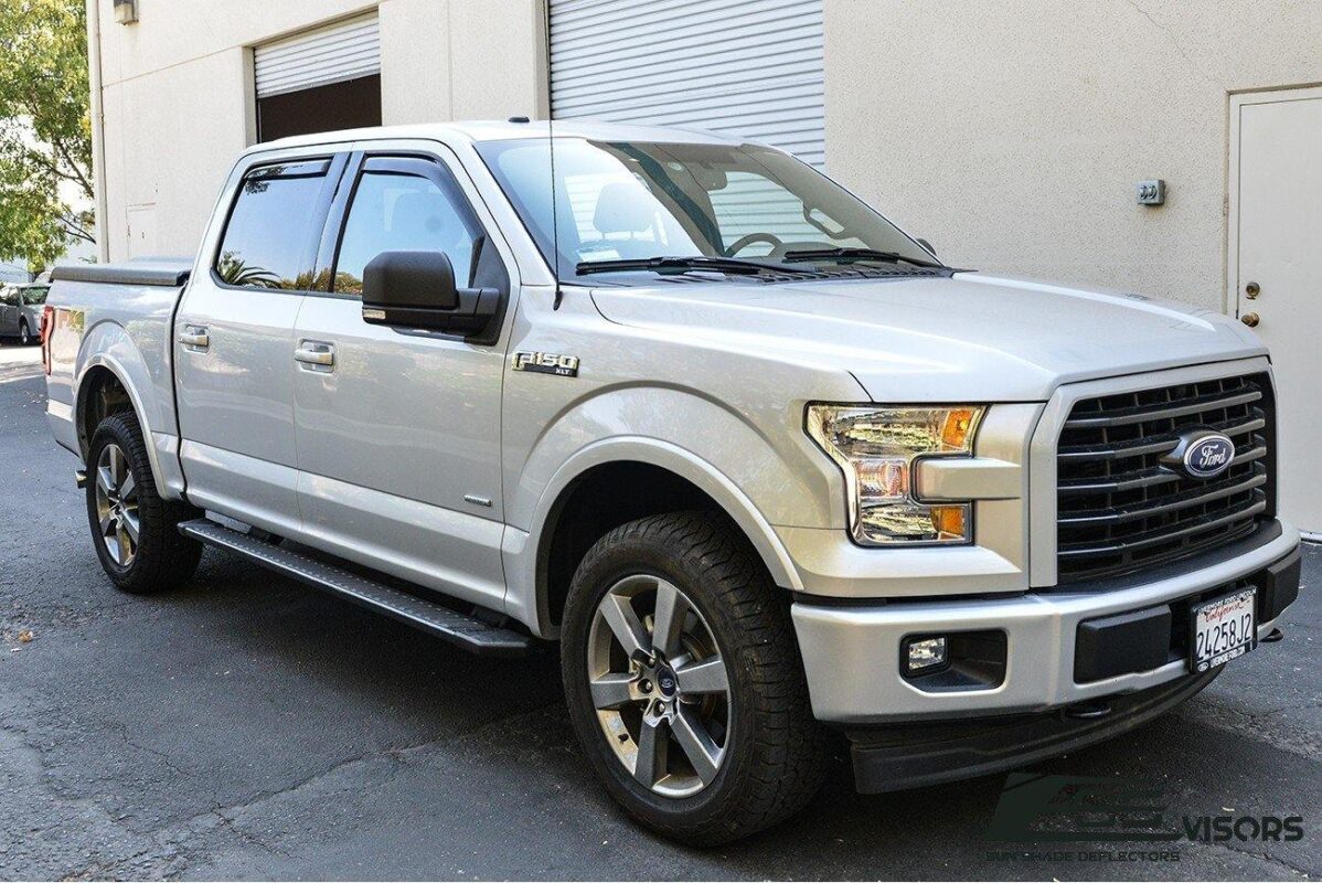 2015-2020 Ford F-150 Crew Cab Smoke Tinted Window Visors / Wind Deflectors / Rain Guards (4-Piece Set) installed