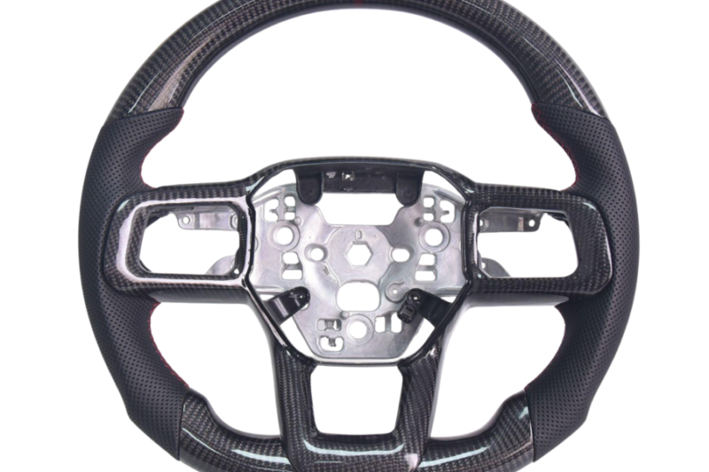 Mustang S650 Carbon Fiber Steering Wheel - Black Leather, Deep Red Stitching for S650 Mustang