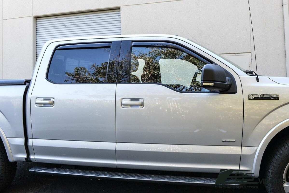 2015-2020 Ford F-150 Crew Cab Smoke Tinted Window Visors / Wind Deflectors / Rain Guards (4-Piece Set) installed