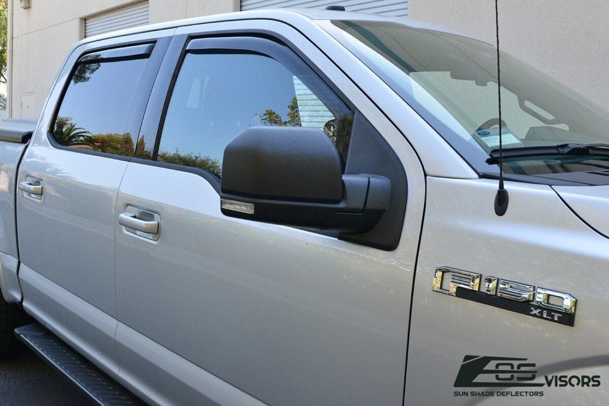 2015-2020 Ford F-150 Crew Cab Smoke Tinted Window Visors / Wind Deflectors / Rain Guards (4-Piece Set) installed