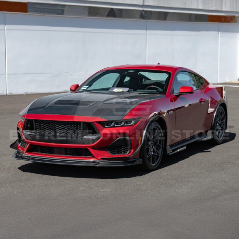 2024-2026 Ford Mustang S650 GT Front Bumper Canards | Dry Carbon Fiber & Gloss Black installed
