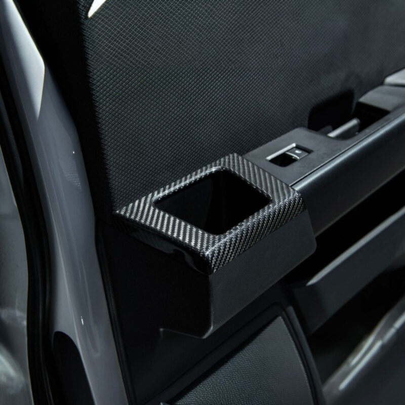 2021-2026 Ford F-150 / F-150 Lightning Dry Carbon Fiber Rear Door Side Storage Cup Holder Cover Overlays installed