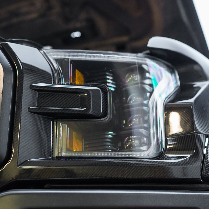 2017-2020 Ford F-150 Raptor Carbon Fiber Headlight Cover Trim Set installed