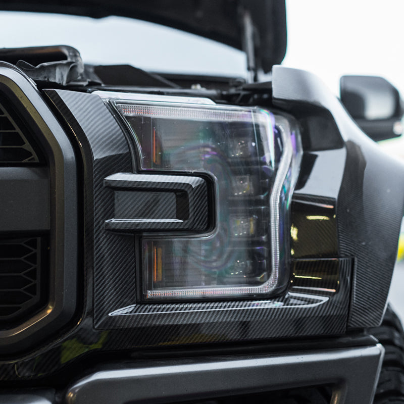 2017-2020 Ford F-150 Raptor Carbon Fiber Headlight Cover Trim Set installed