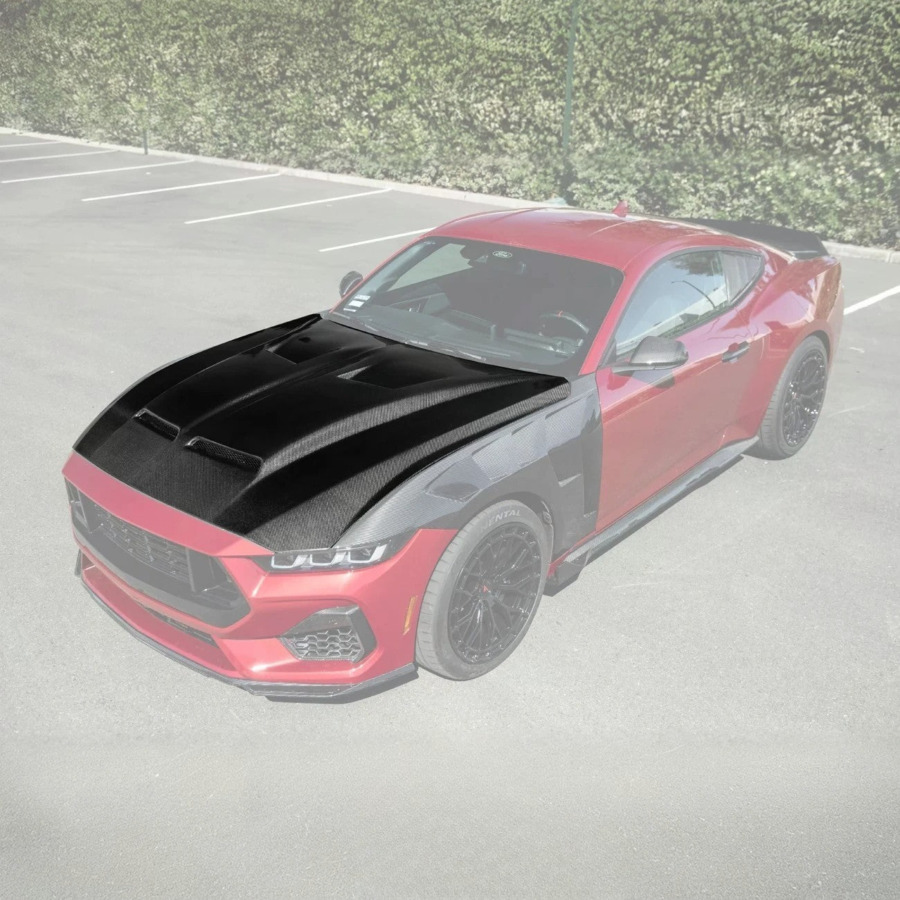 EOS 2024-Up Ford Mustang Super Snake Style CARBON FIBER Front Bumper Hood Vented Cover