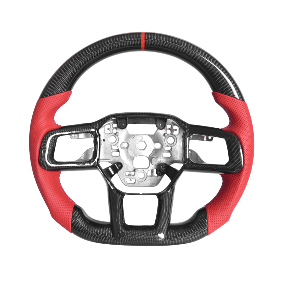FFP Mustang Carbon Fiber Steering Wheel Red Perforated Leather Red Stripe for S650 Mustang